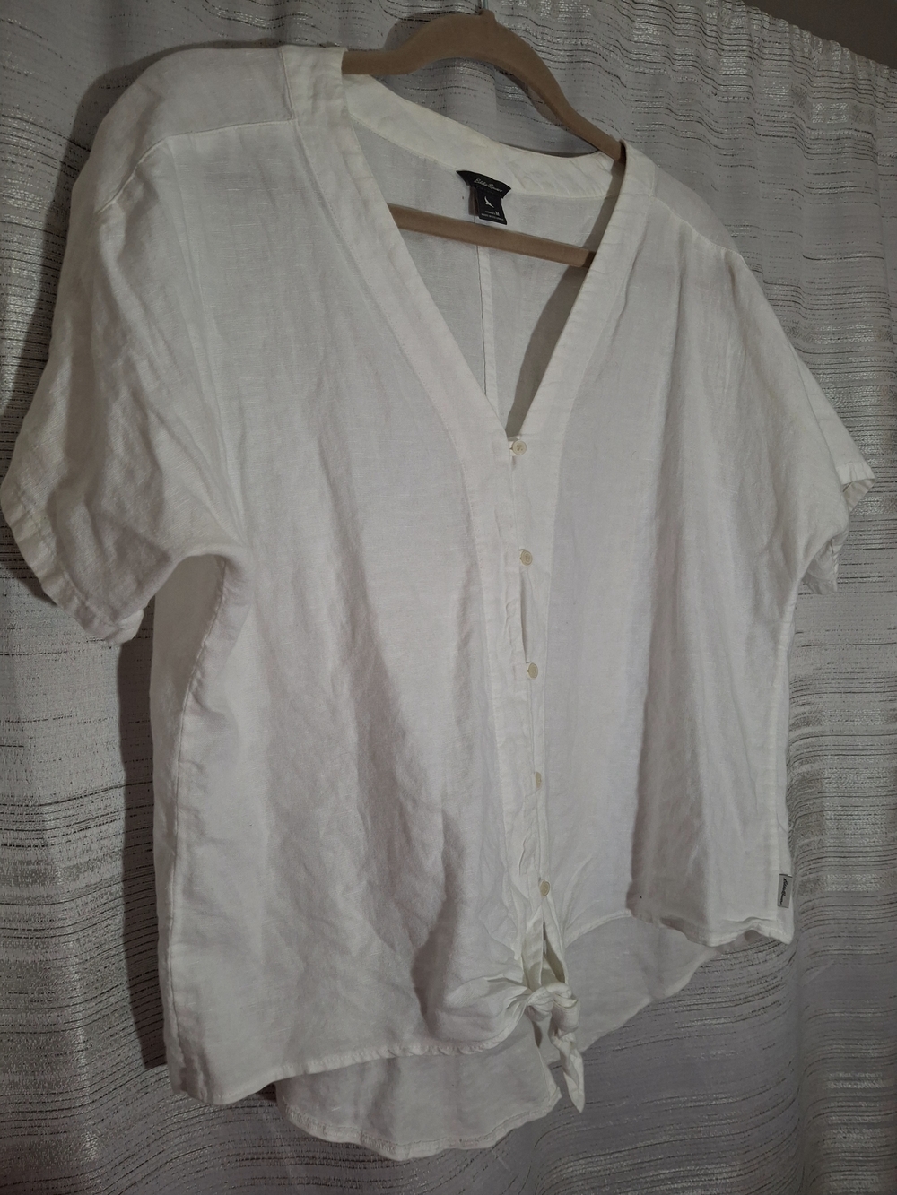 Eddie Bauer White Short-Sleeve Button Front Tie Hem Shirt Medium